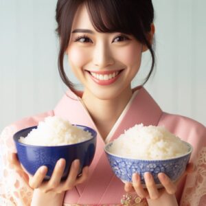 お米を比べている女性（ふるさと納税）