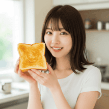 美味しそうに焼けたトーストを持っている女性