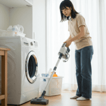 ドラム式洗濯機の前で掃除機を使っている女性