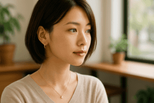 18金のアクセサリーを身につけている女性