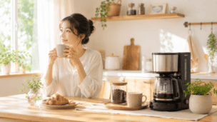 コーヒーメーカーで朝のコーヒーを楽しむ女性のイメージ