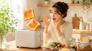 トースターから焼きたてのパンが飛び出すイメージ