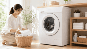明るいランドリールームで洗濯機を使う女性のイメージ